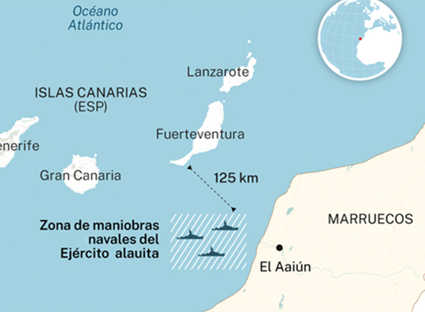 Mapa mostrando la distancia geográfica entre Canarias y Marruecos