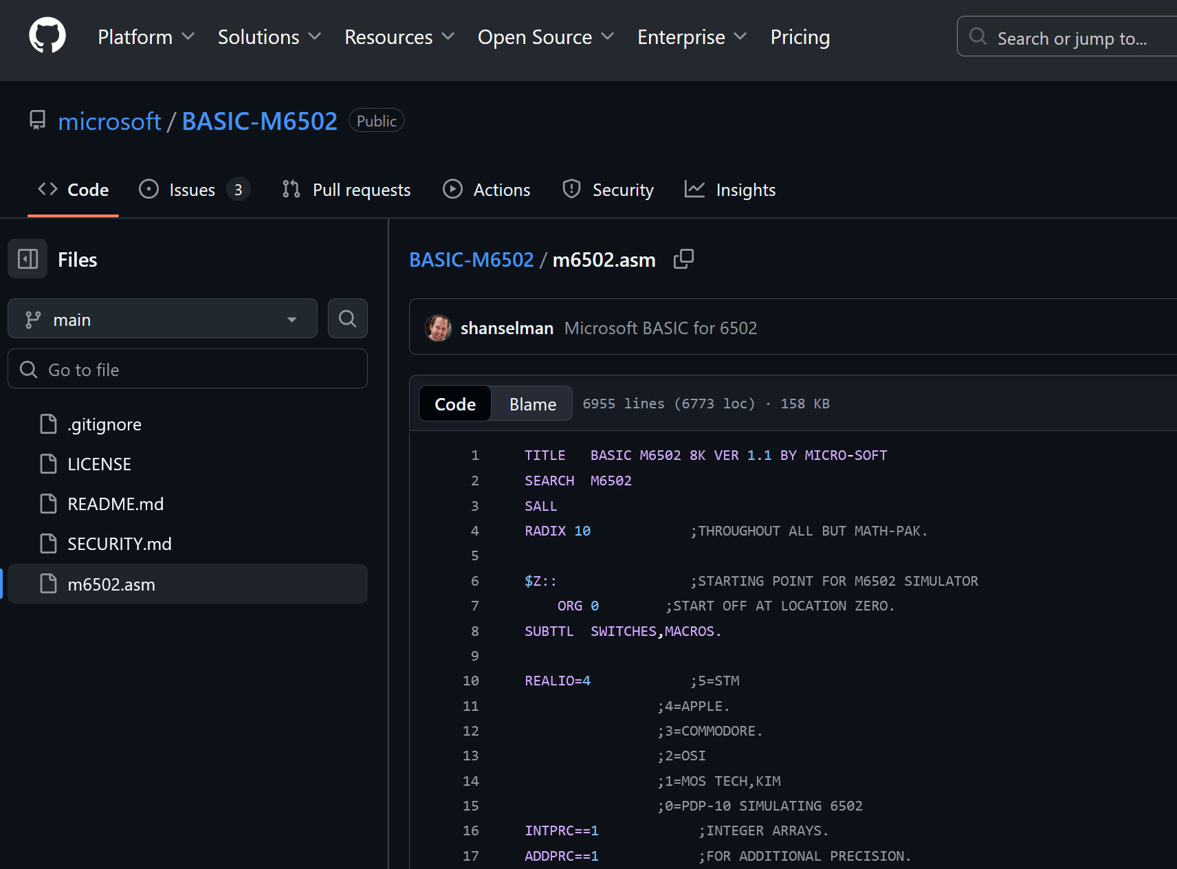 Código fuente de Microsoft BASIC 6502 en GitHub