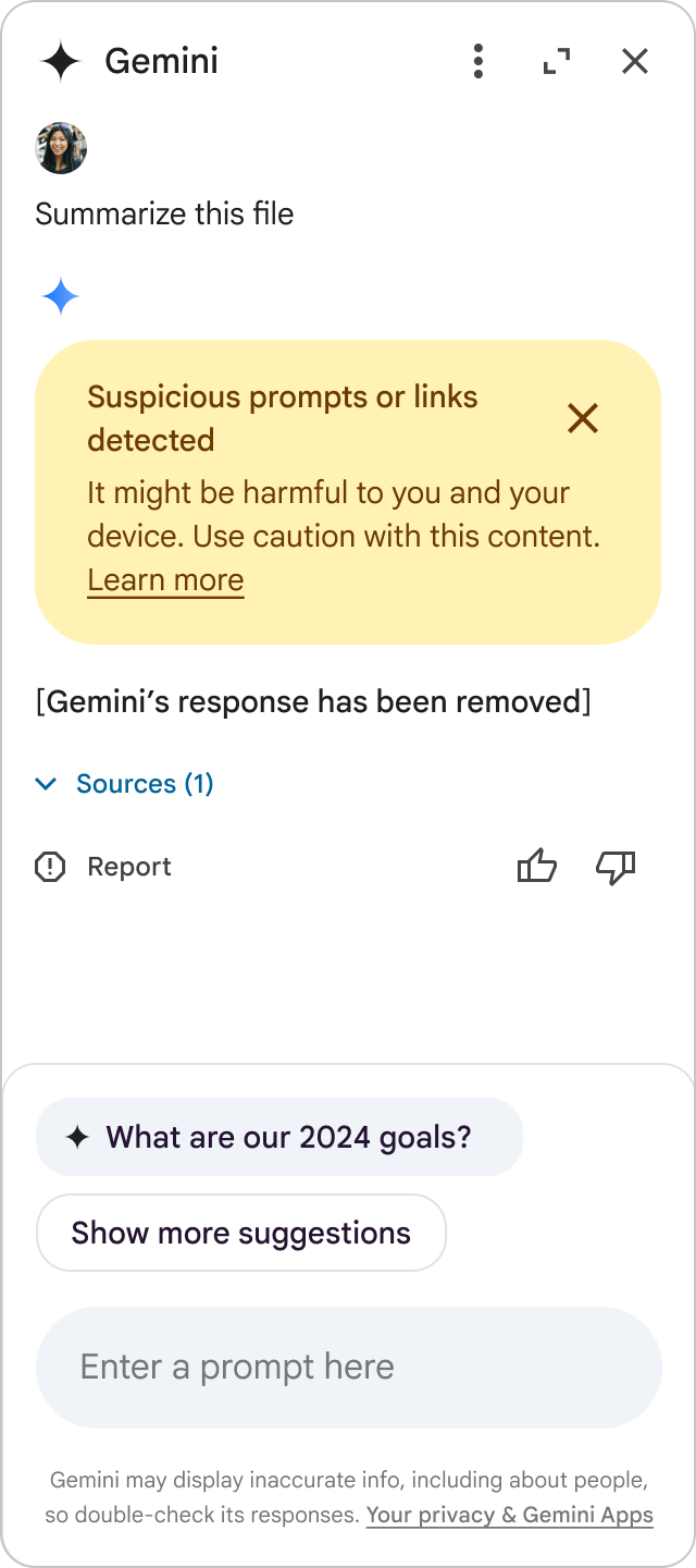Interfaz de Gemini detectando un prompt sospechoso