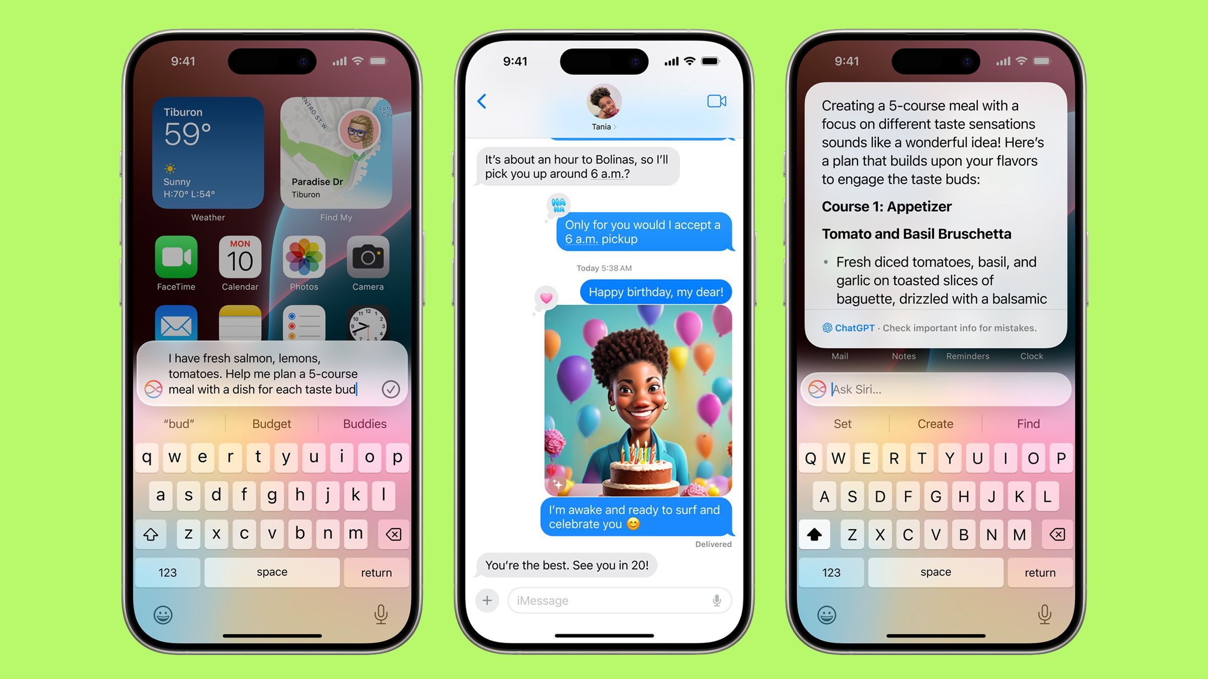 Tres iPhones mostrando interfaces del sistema iOS con funciones de IA