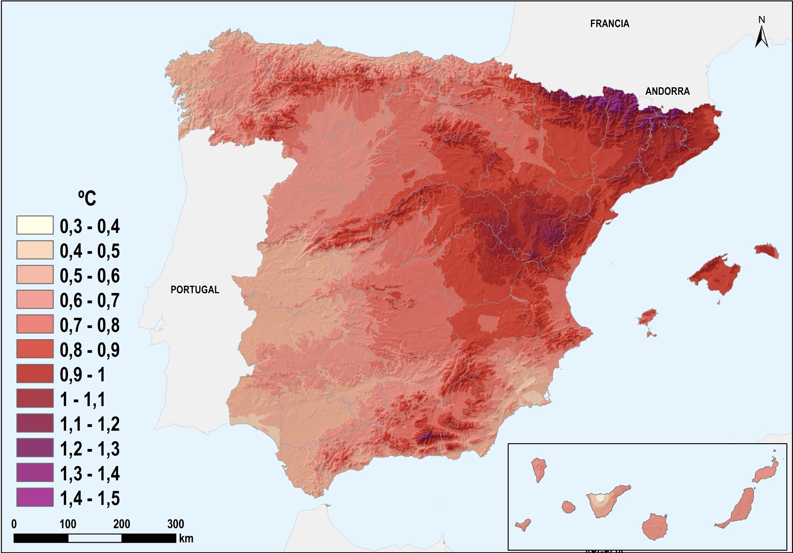 Mapa del aumento de temperatura en España