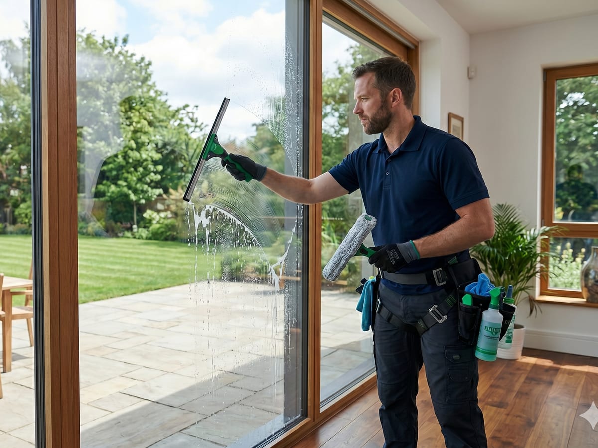 Professional cleaner using a squeegee on interior window glass during a spring clean