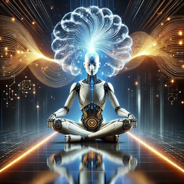 Robot meditando sobre conciencia artificial