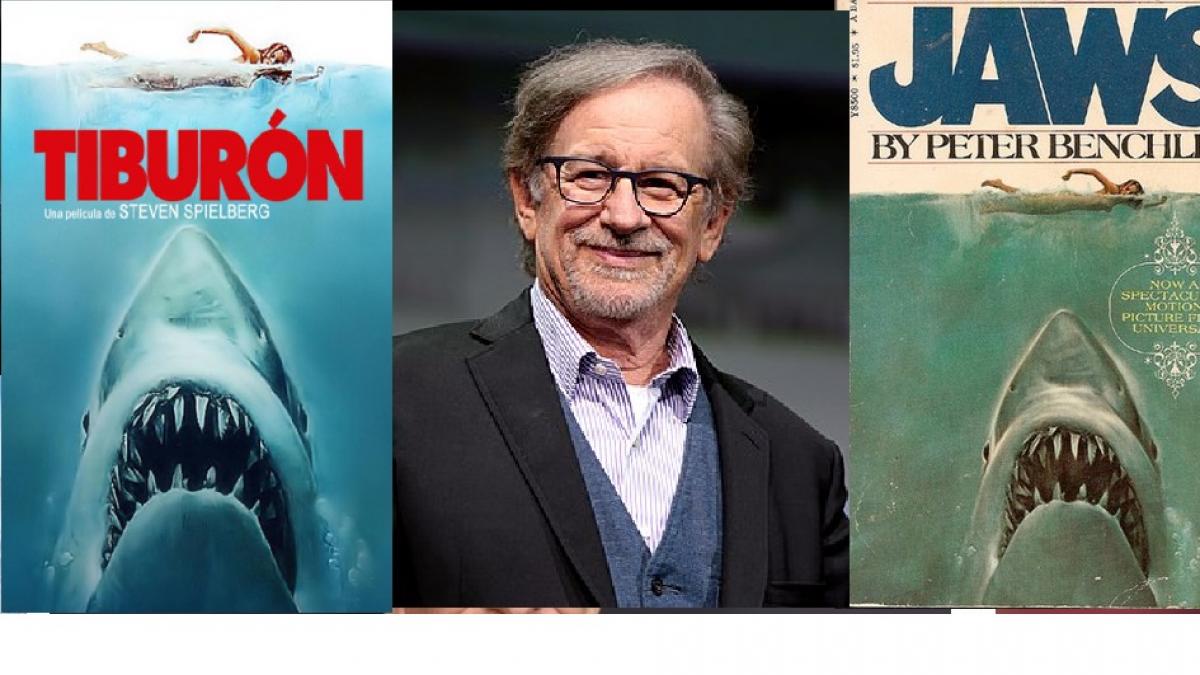 Cartel español de Tiburón, Steven Spielberg y portada de la novela original