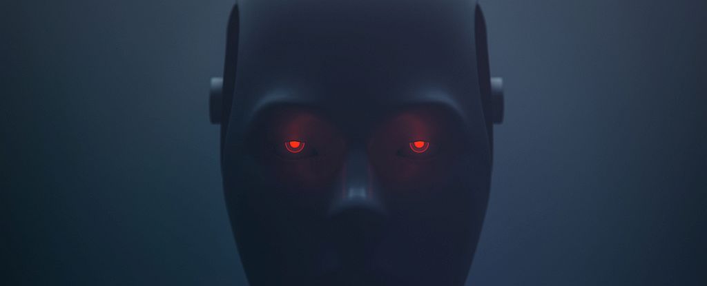 Robot con ojos rojos brillantes representando una IA ocultando sus verdaderas intenciones