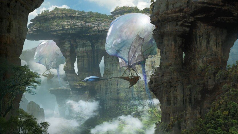 Concepto art de Pandora con islas flotantes y naves aéreas