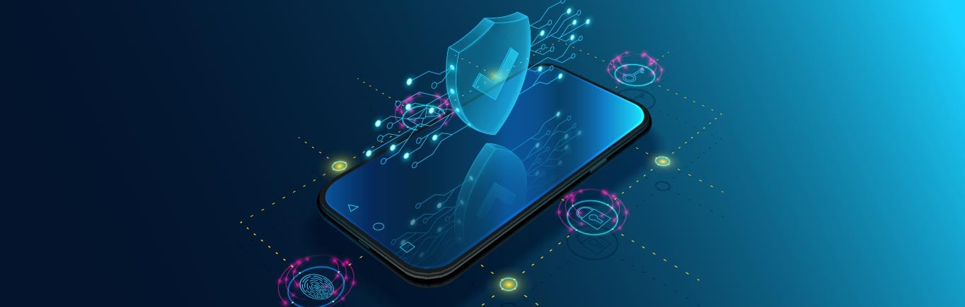 Smartphone con un escudo azul de seguridad