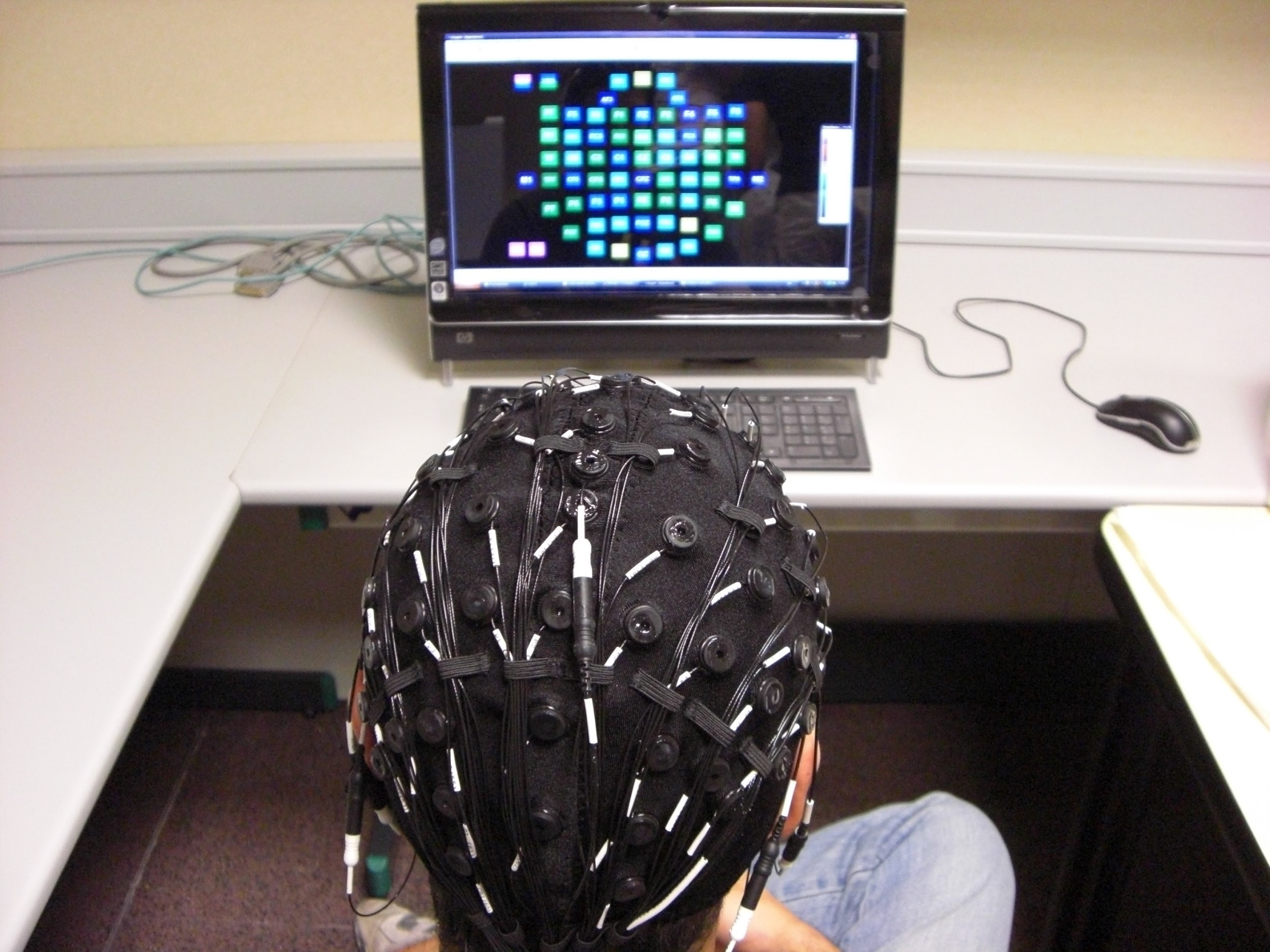 Persona utilizando un casco de electroencefalografía conectado a una computadora