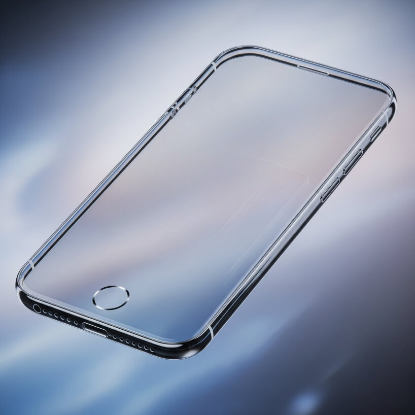 Render de un iPhone completamente de cristal