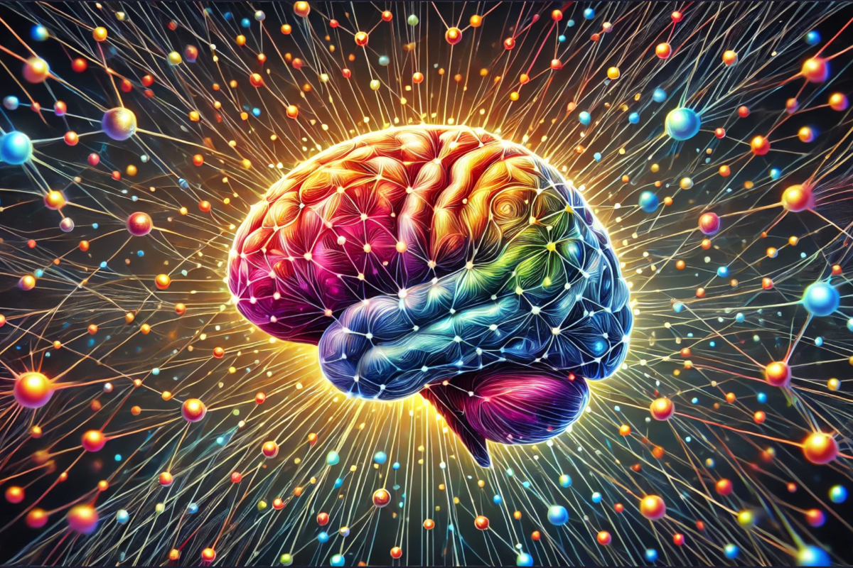 Modelo cerebral con nodos y conexiones brillantes