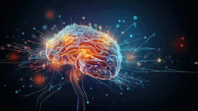 Cerebro brillante con líneas de energía y puntos de luz