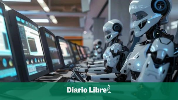 Fila de robots y computadoras en un entorno laboral