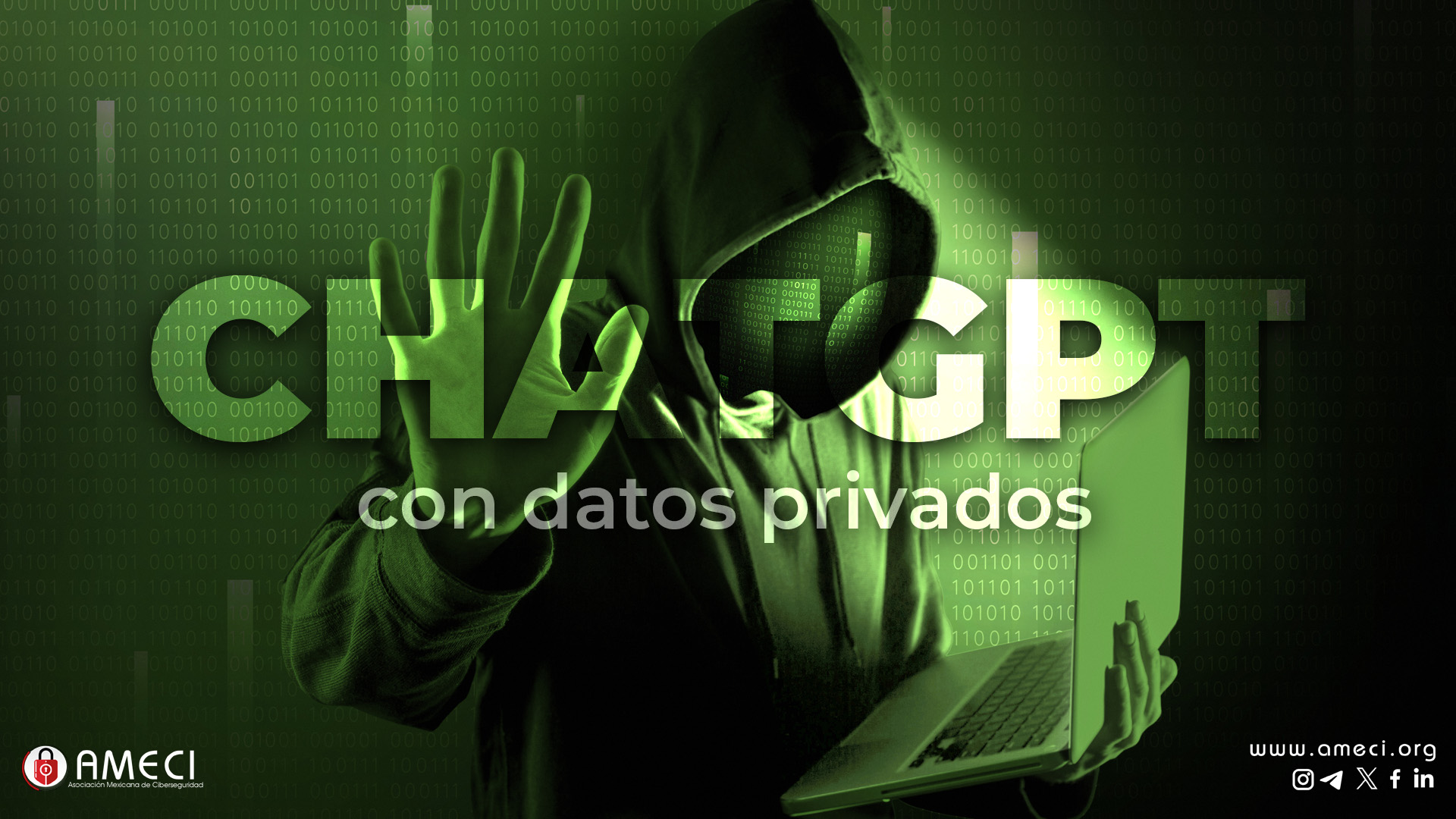 Imagen de un hacker con código binario y texto sobre ChatGPT con datos privados