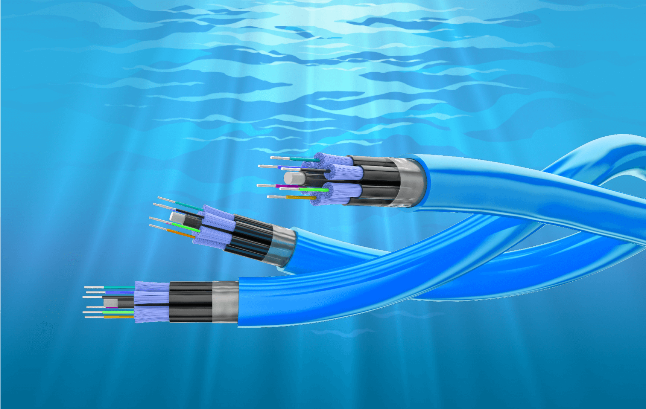 Cables submarinos de fibra óptica sumergidos en el agua