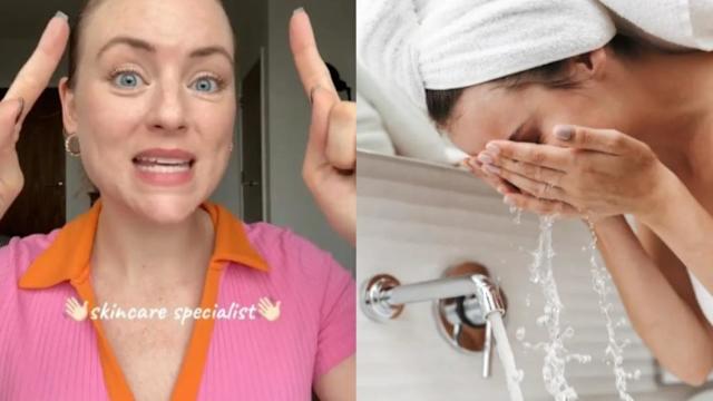 Woman demonstrating skincare techniques on left, woman washing face on right