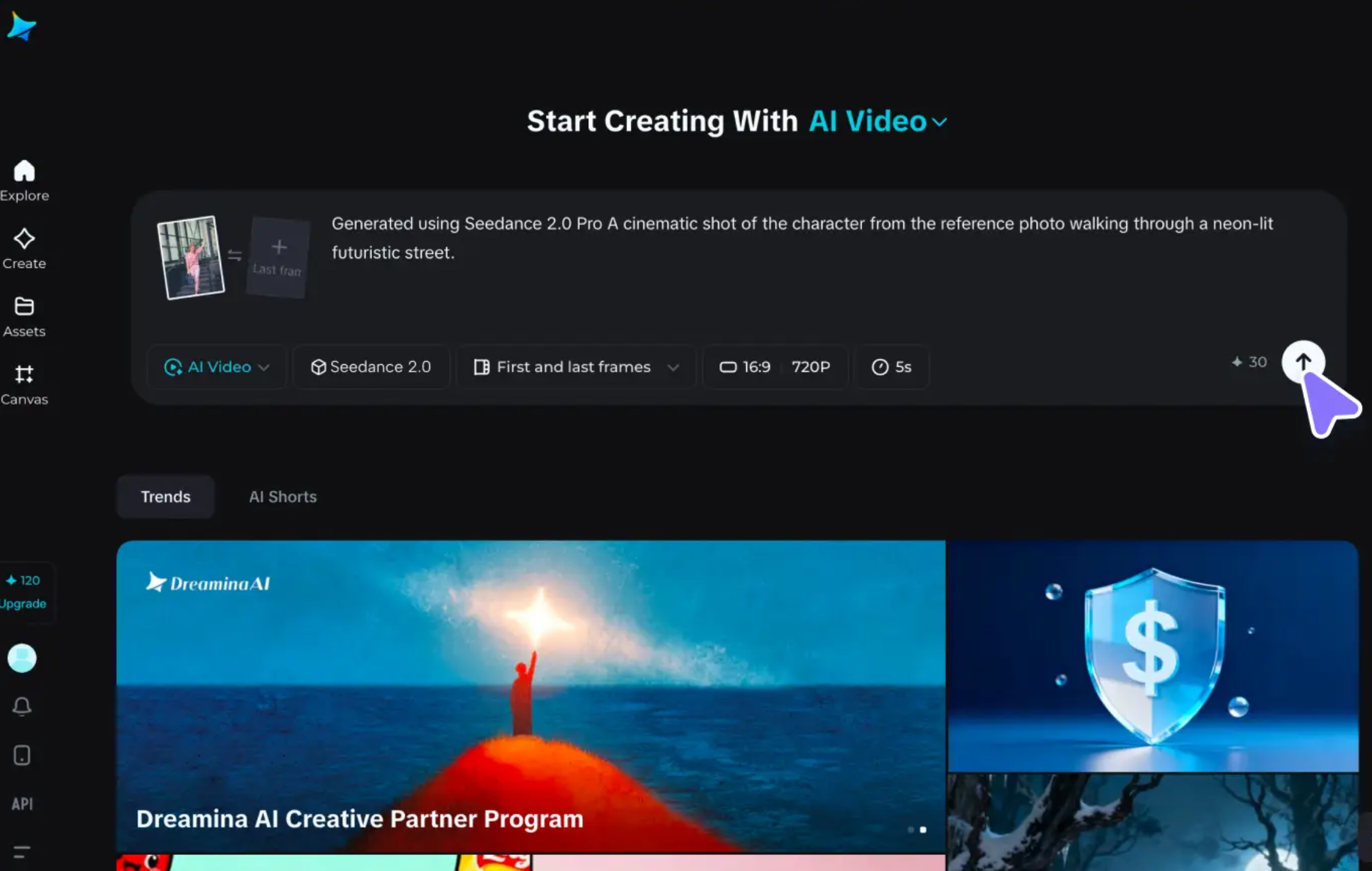 Interfaz de usuario de Seedance 2.0 mostrando opciones de generación de video
