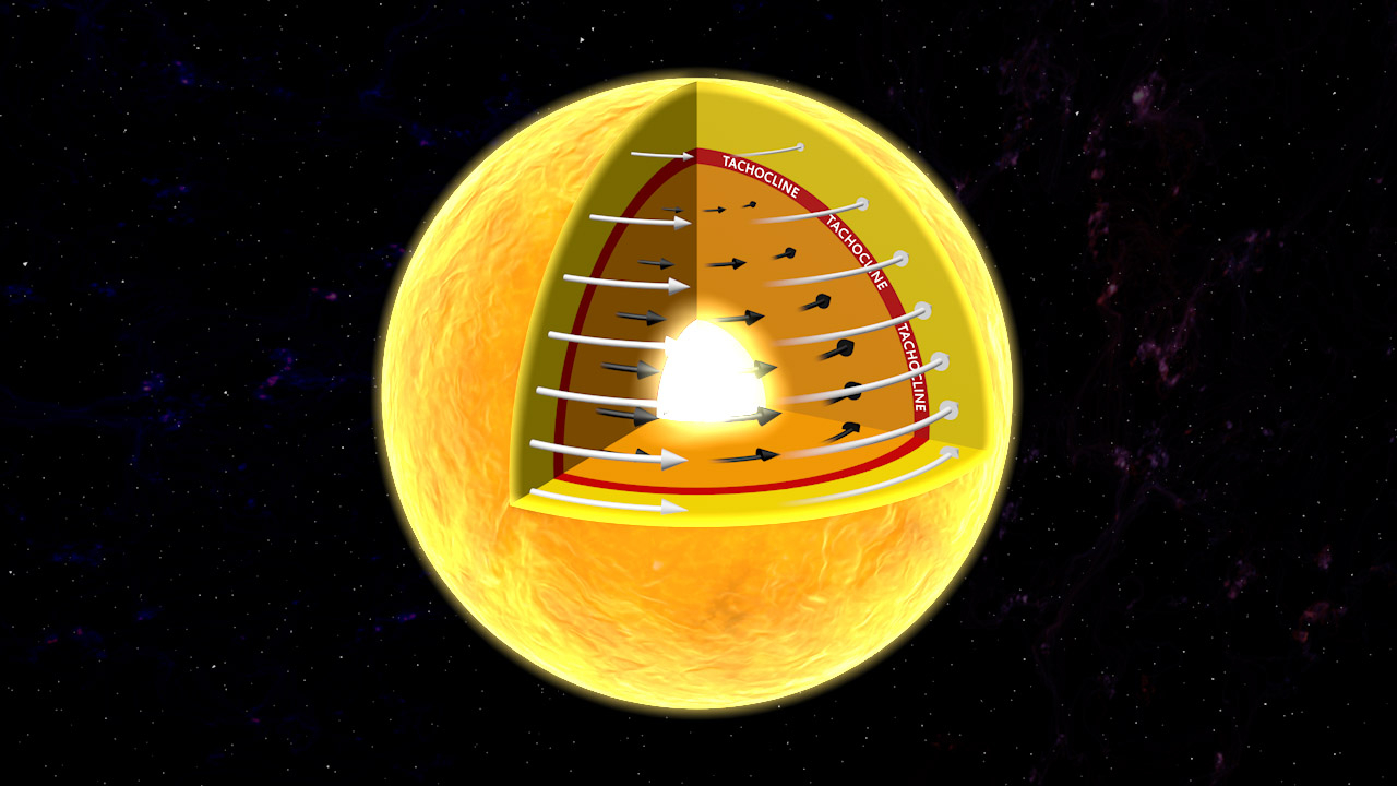 Diagrama detallado de la estructura interna del Sol mostrando el tachocline entre la zona radiativa y la zona convectiva