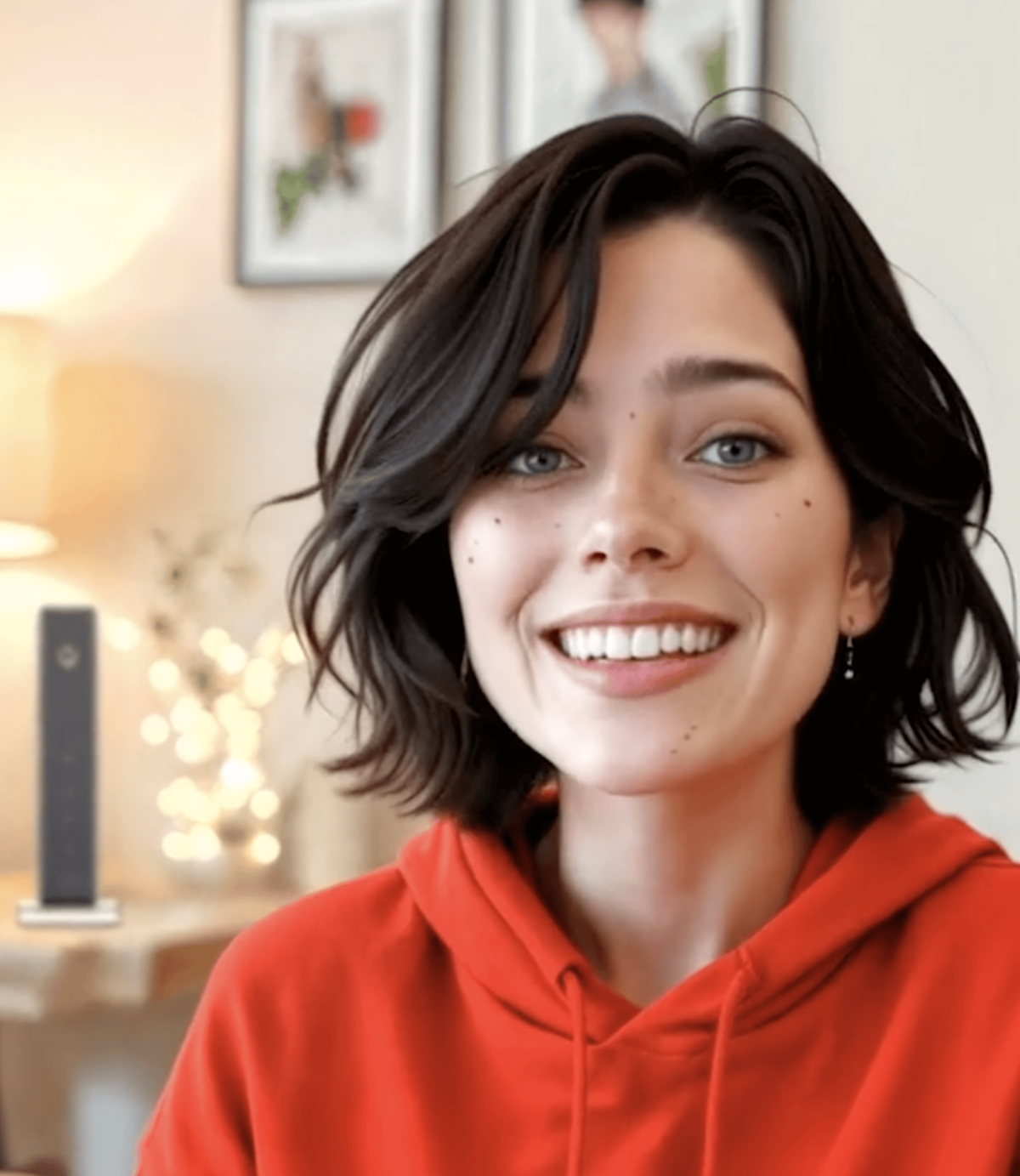 Influencer de IA de Vodafone con sudadera roja