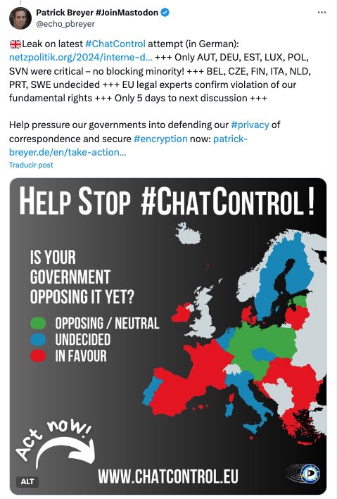 Mapa de Europa mostrando la posición de los países respecto a Chat Control