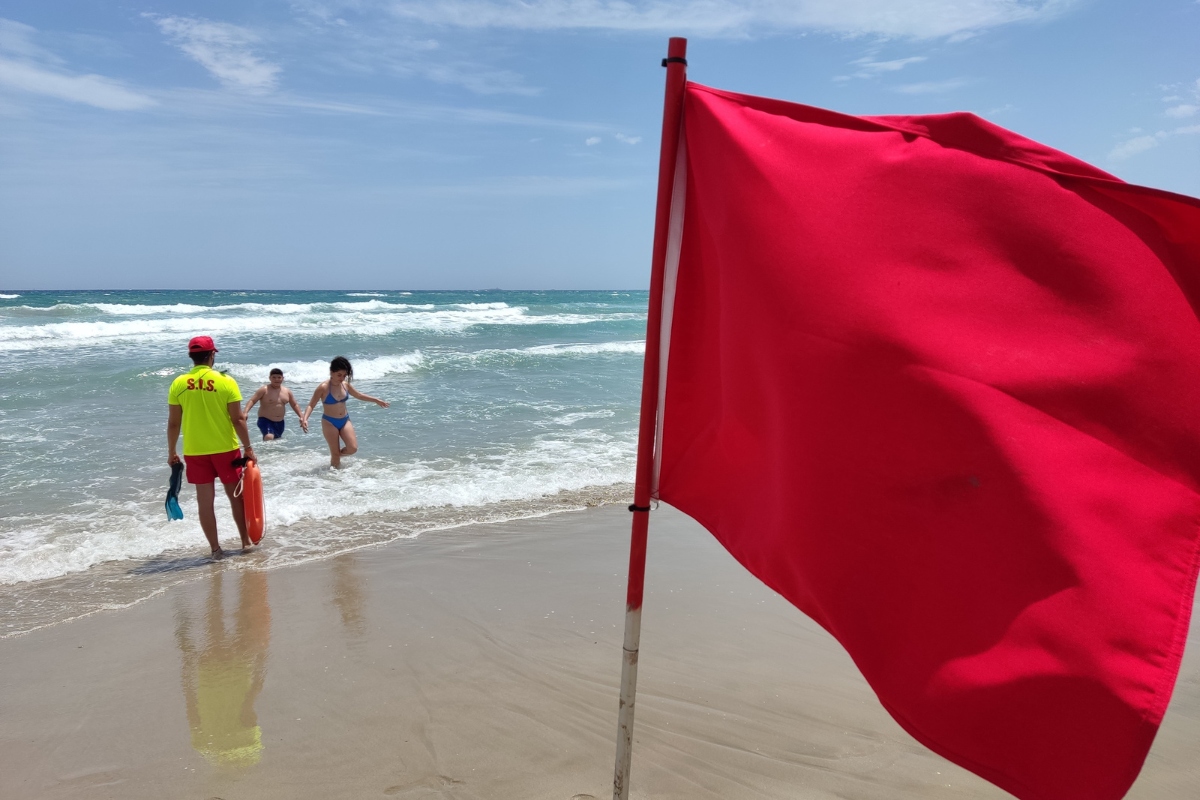 Playa con bandera roja por presencia de dragón azul