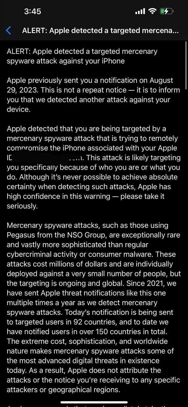 Alerta de spyware de Apple en iPhone