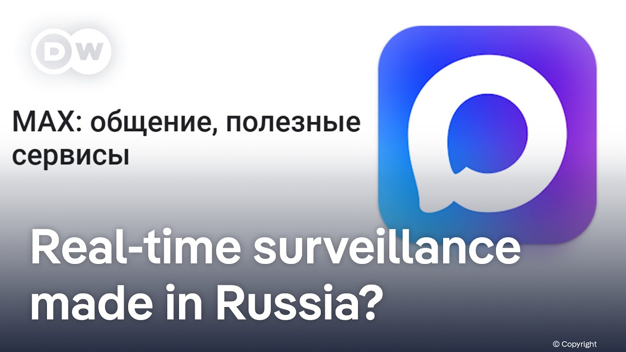 Logo de la aplicación Max con el texto 'Real-time surveillance made in Russia?'