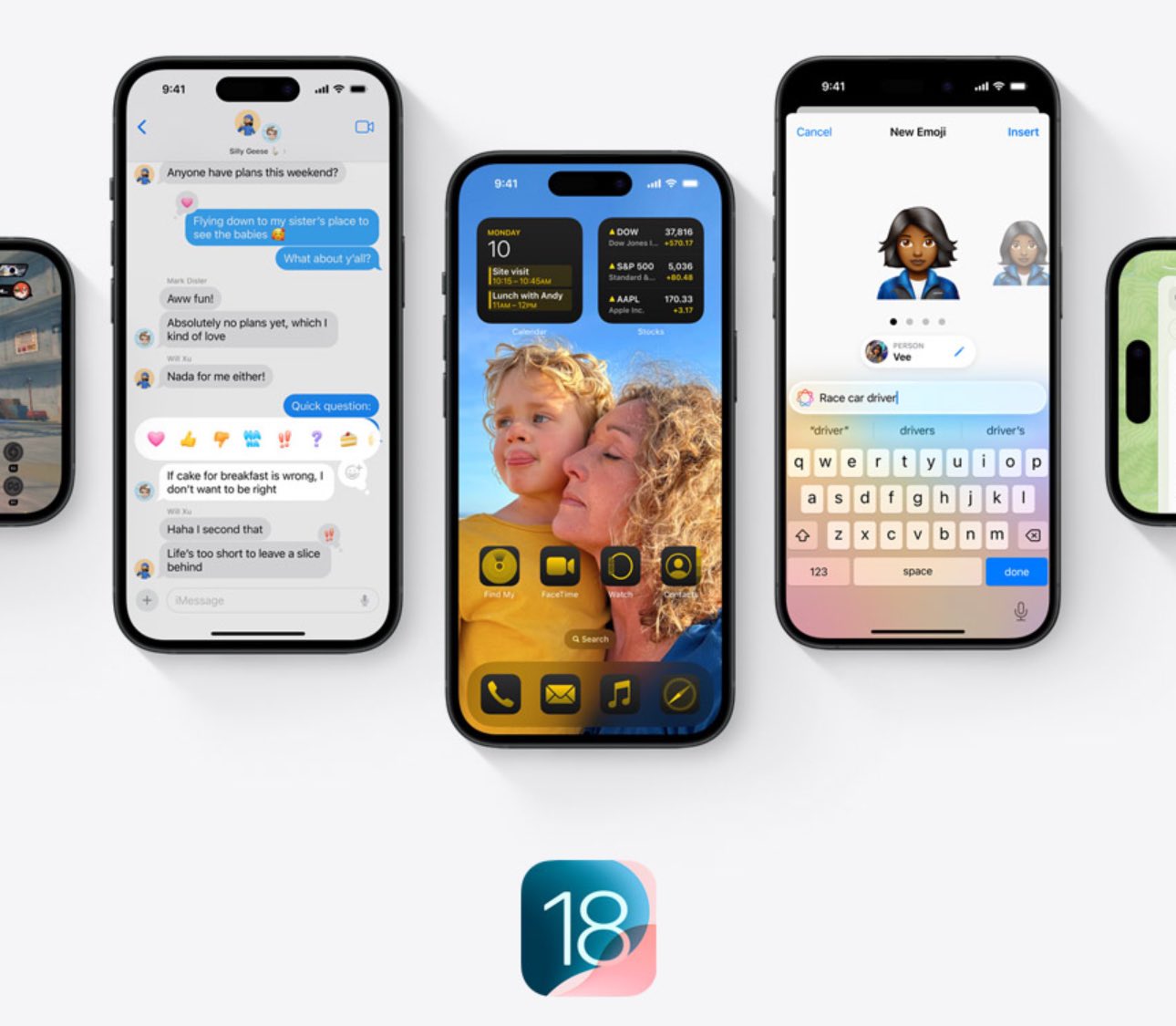 Tres iPhones mostrando diferentes interfaces con el logo de iOS 18