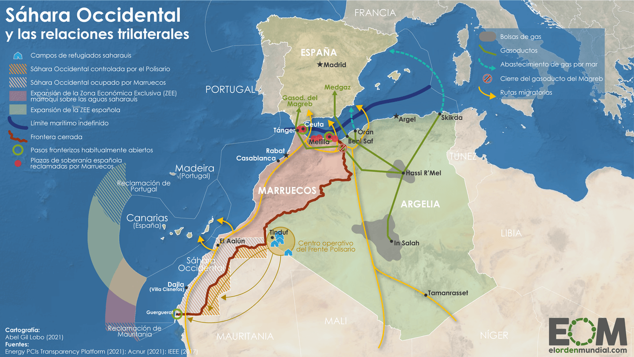 Mapa mostrando las relaciones geopolíticas entre España, Marruecos y el Sáhara Occidental