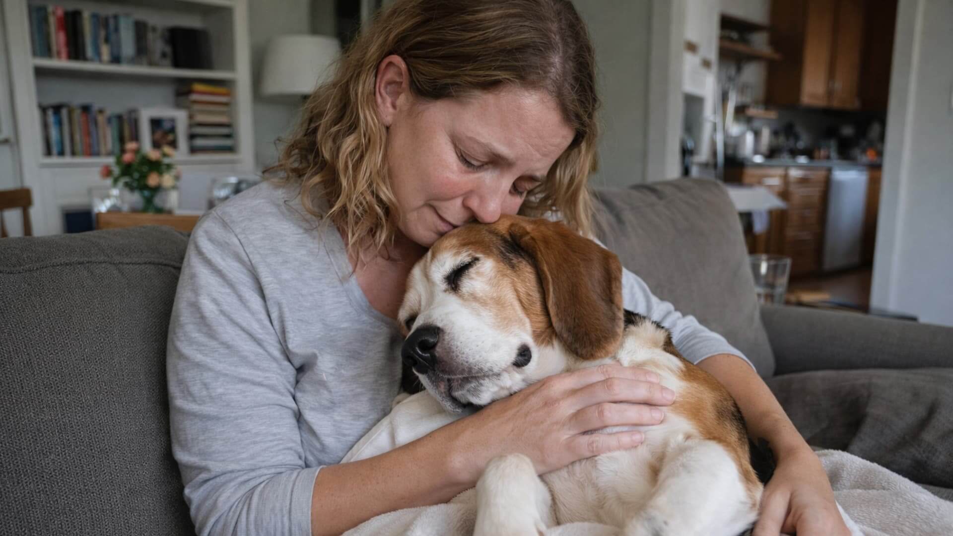 Mujer abrazando a su perro con tristeza