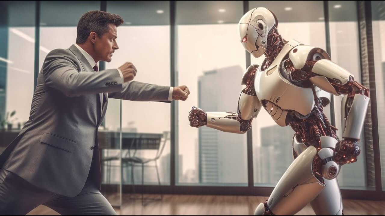 Hombre de negocios frente a un robot en una oficina moderna