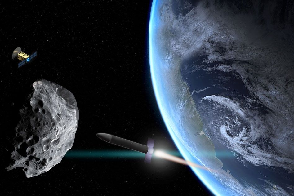 Asteroide siendo desviado por una nave espacial