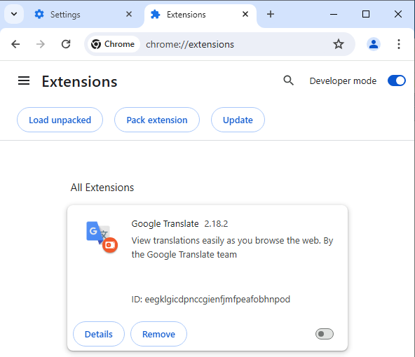 Página de extensiones de Chrome mostrando permisos solicitados