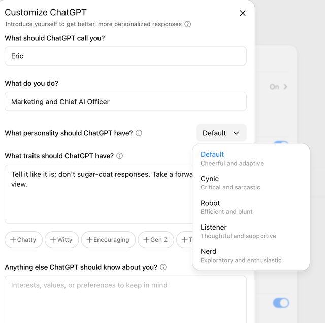 Interfaz de personalización de ChatGPT-5