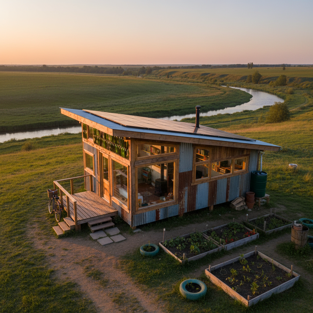 A Walls & Wishes modular home with solar panels at dusk