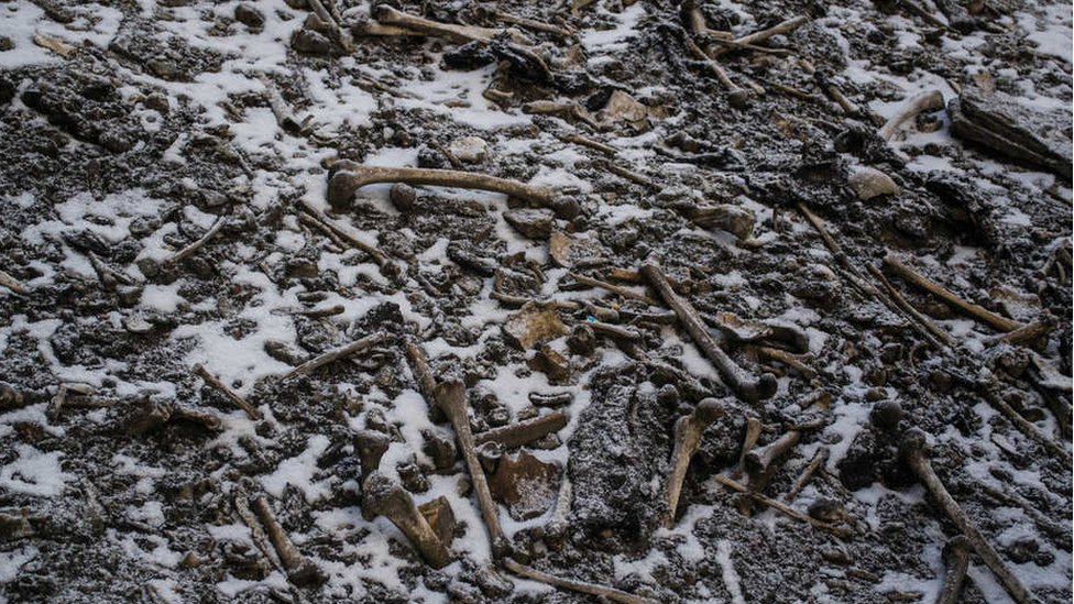 Esqueletos dispersos en la nieve alrededor del lago Roopkund