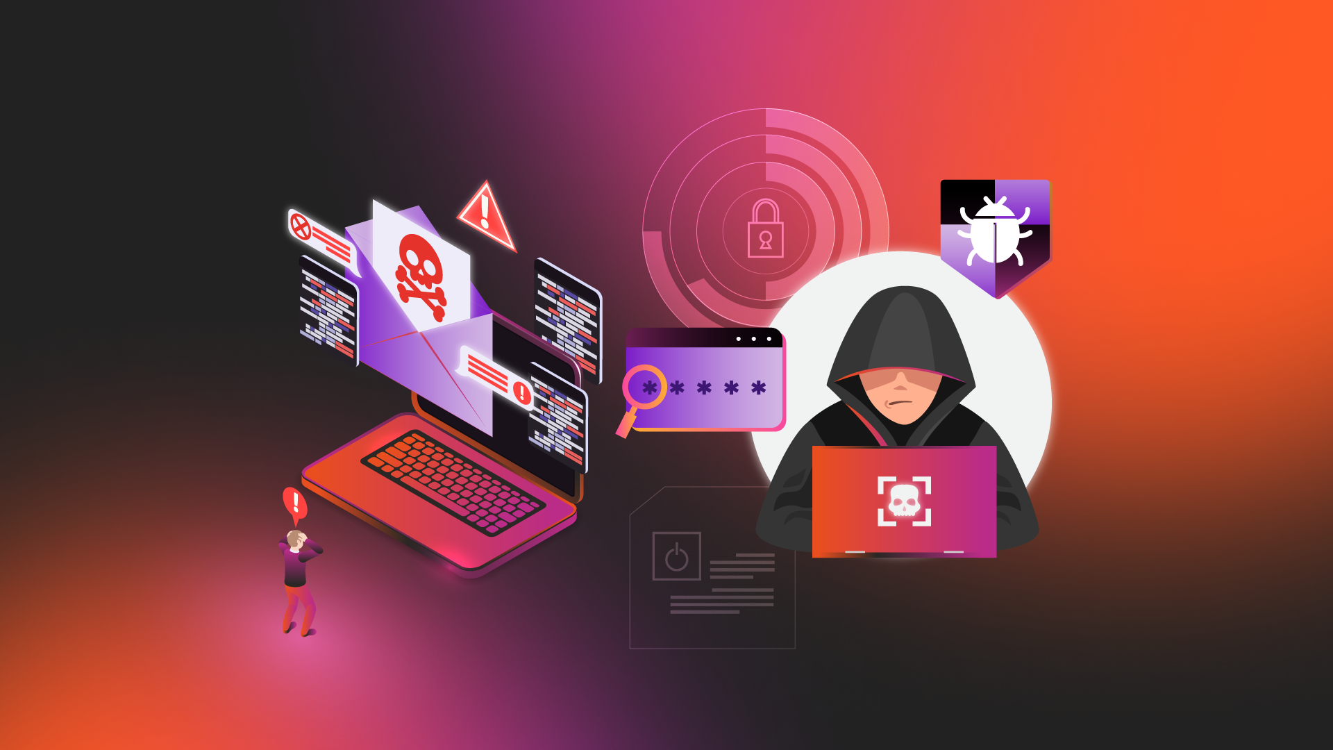 Concepto de ciberseguridad mostrando ataque de hackers y protección de datos
