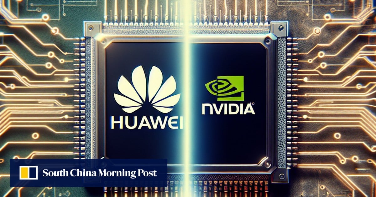 Logos de Huawei y NVIDIA con circuitos de fondo