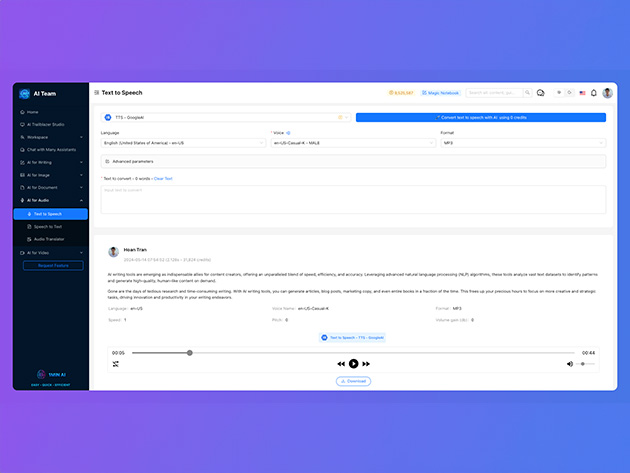 Interfaz de 1minAI mostrando opciones de texto y audio