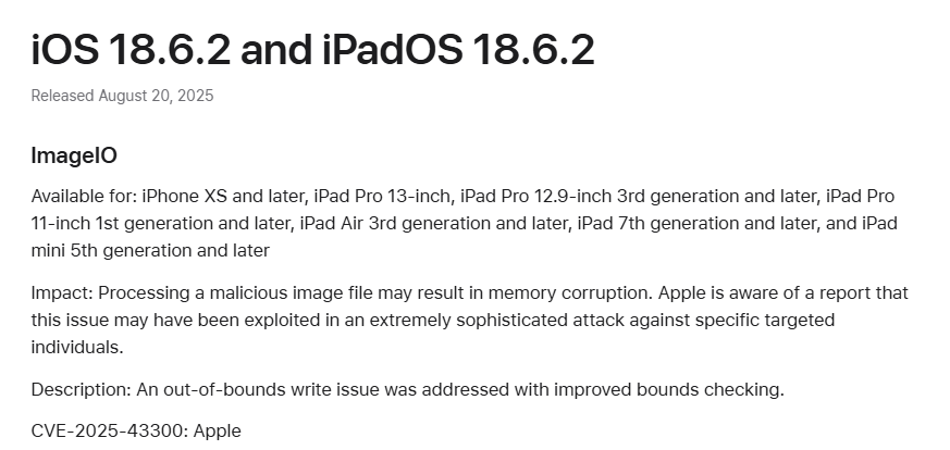 iOS y iPadOS 18.6.2 lanzados para corregir vulnerabilidad ImageIO