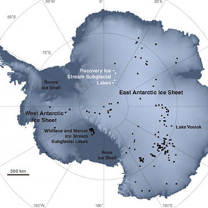 Mapa de lagos subglaciales en la Antártida