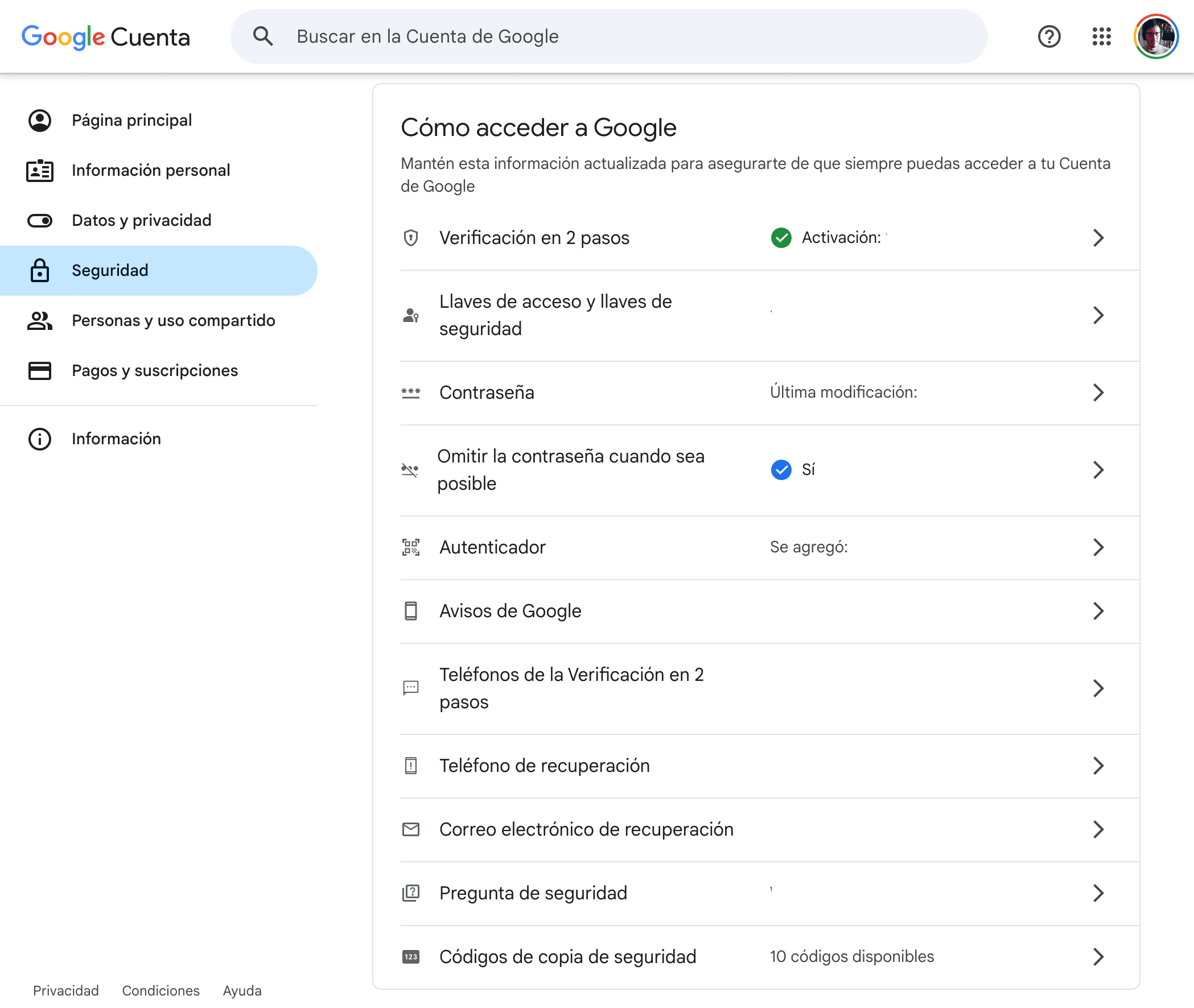 Página de seguridad de cuenta de Google