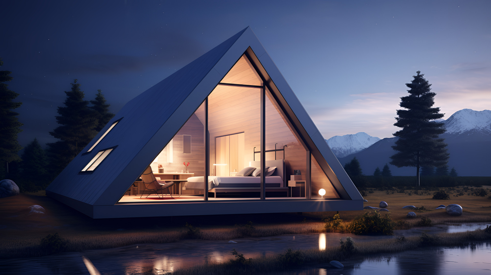 Tiny house v přírodě při západu slunce
