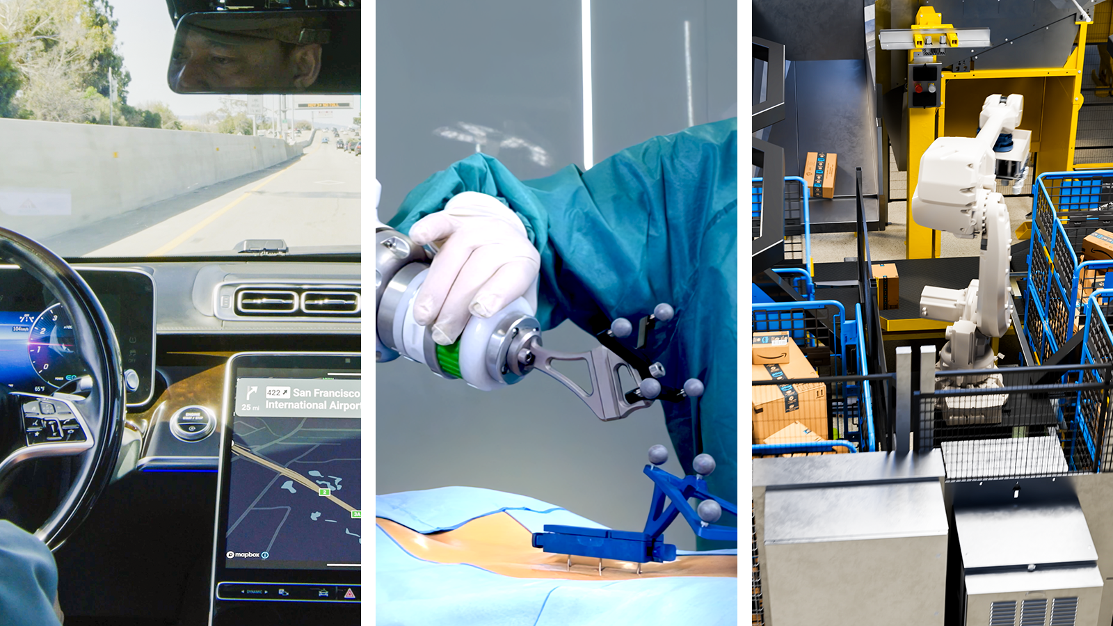Tres imágenes mostrando aplicaciones de robots en automoción, cirugía y automatización industrial