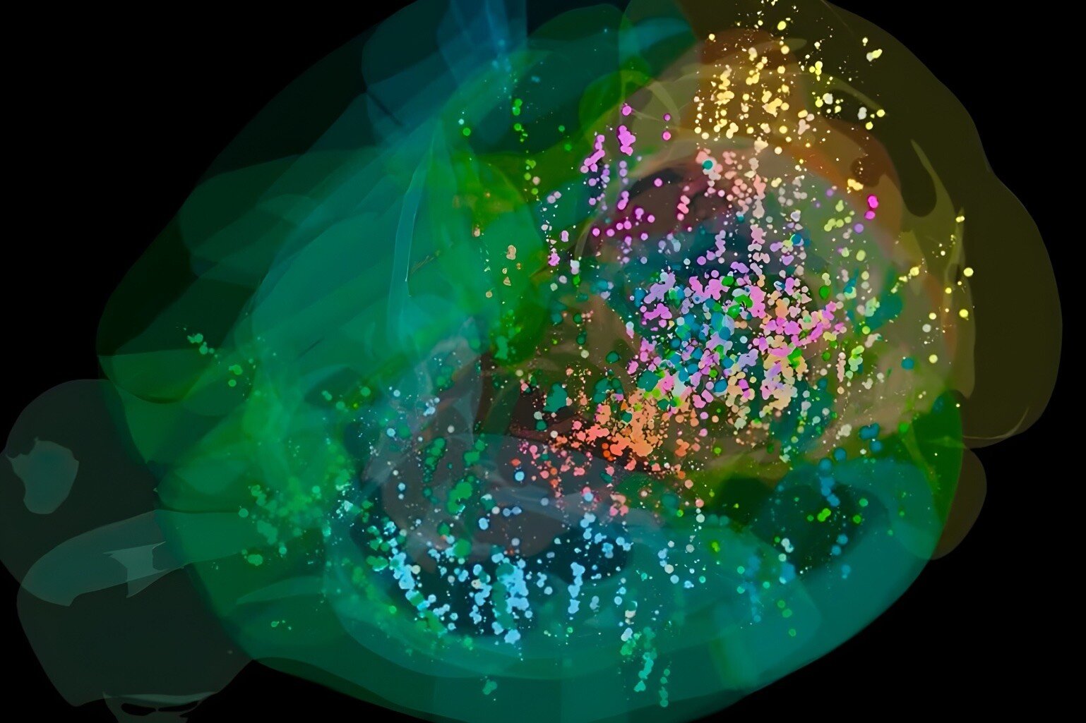 Puntos de luz coloridos y sustancia verde translúcida