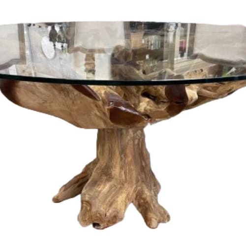 Glass table with wooden base