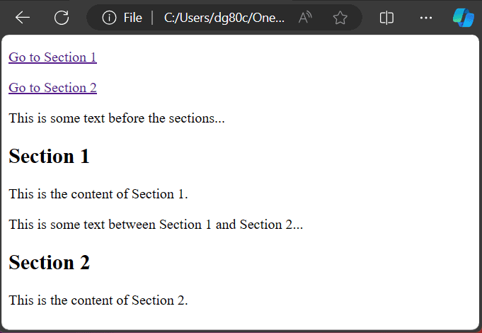 Example of a webpage with document fragment links