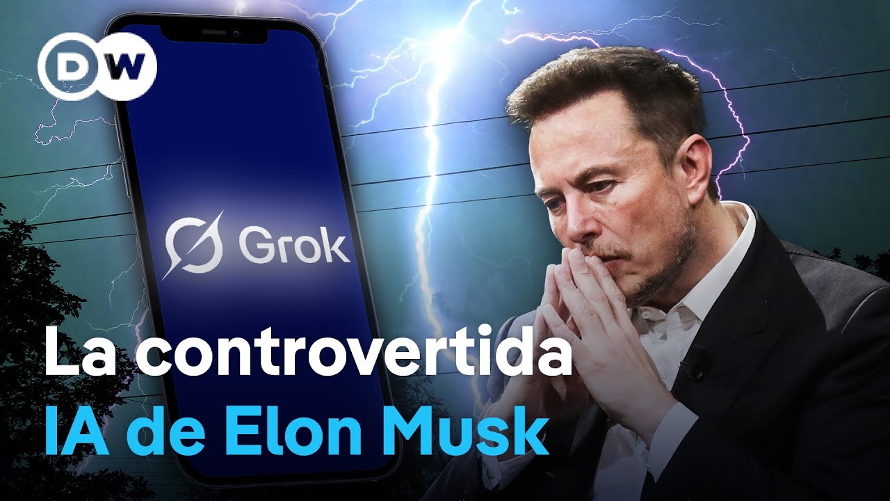 Elon Musk y el logo de Grok IA con un fondo de rayos