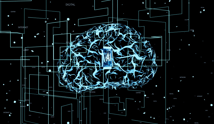 Cerebro azul brillante de IA con red digital
