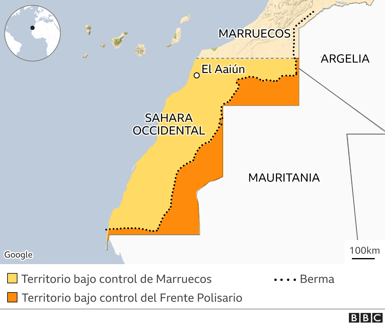 Mapa político del Sáhara Occidental mostrando las zonas controladas por Marruecos y el Frente Polisario