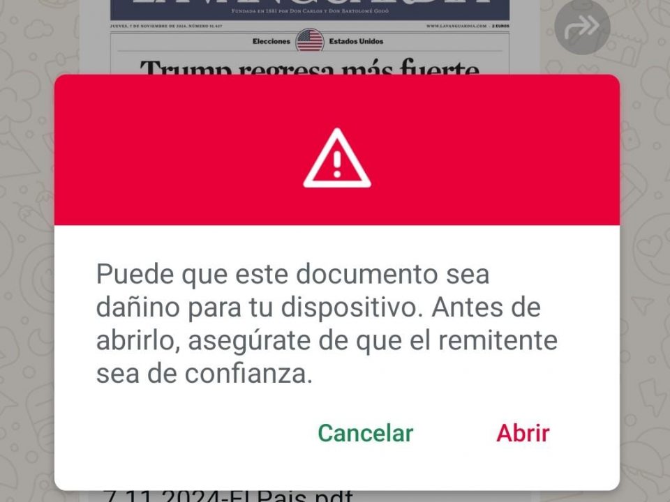Advertencia de seguridad sobre documento PDF potencialmente peligroso